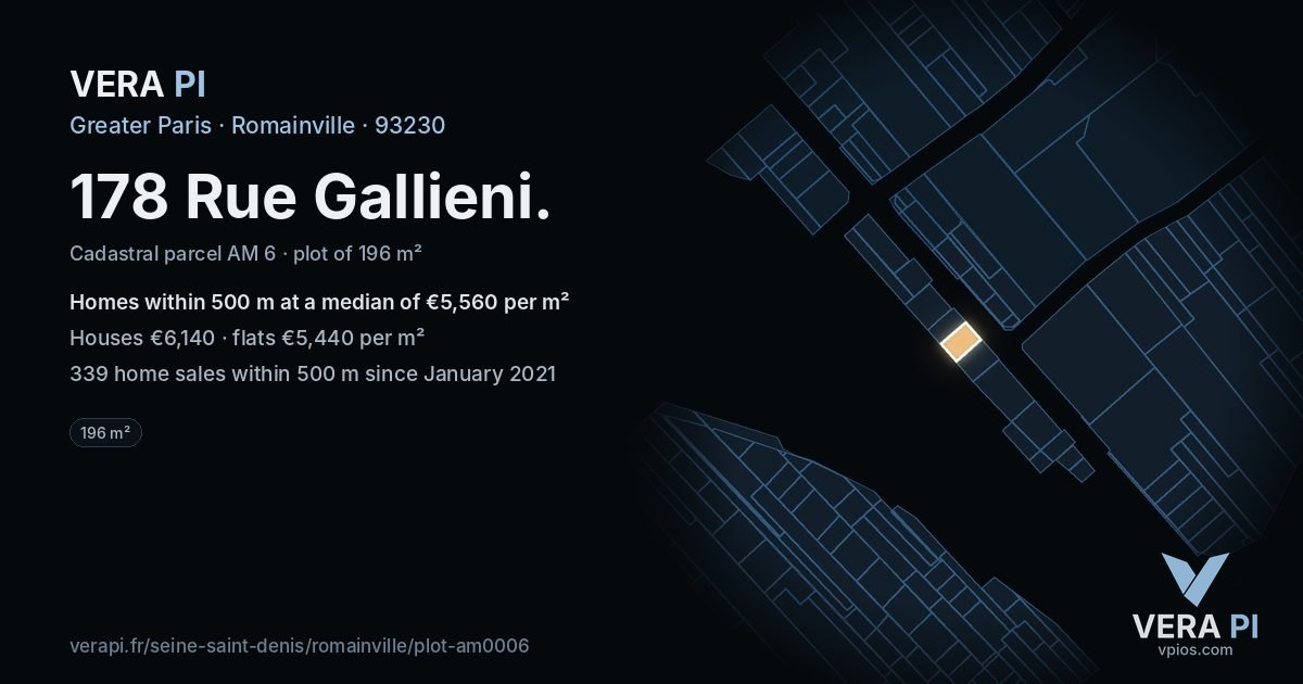 178 Rue Gallieni, Romainville at night – the plot lit, the parcels around coloured by the prices near them