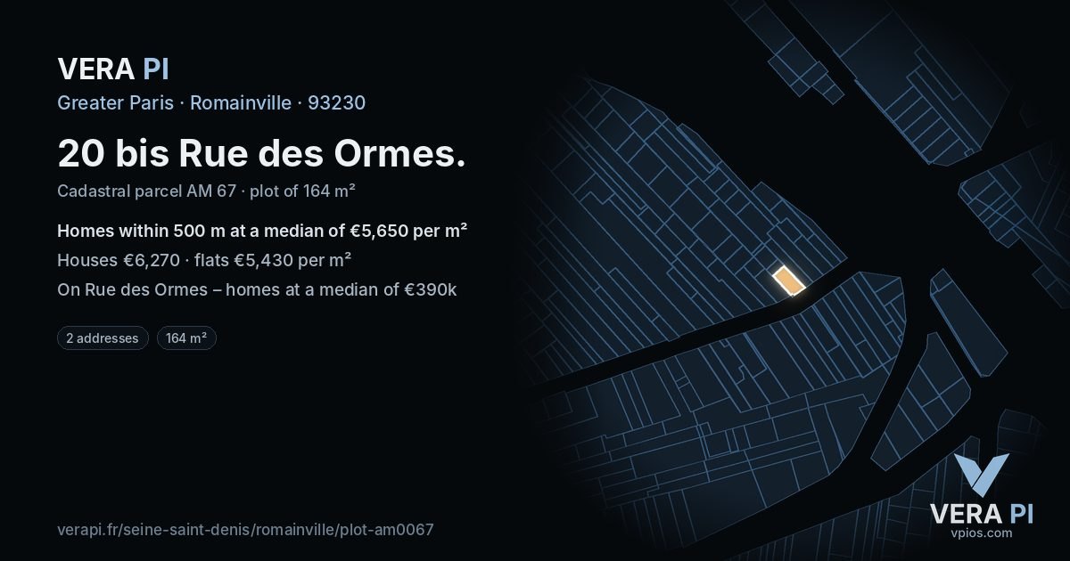 20 bis Rue des Ormes, Romainville at night – the plot lit, the parcels around coloured by the prices near them