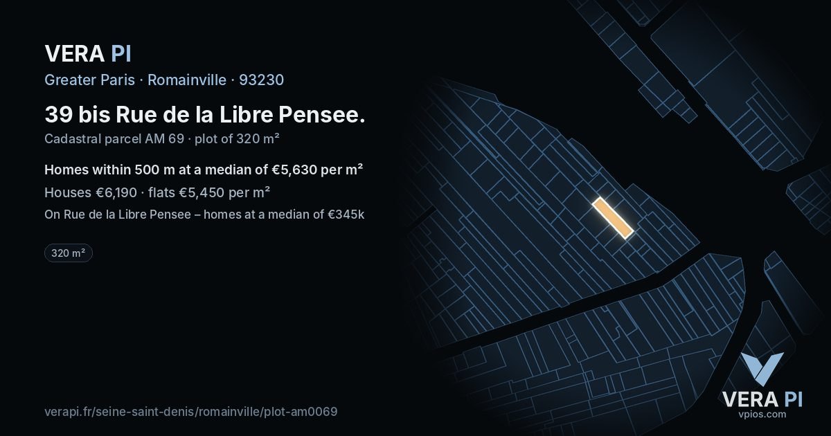 39 bis Rue de la Libre Pensee, Romainville at night – the plot lit, the parcels around coloured by the prices near them