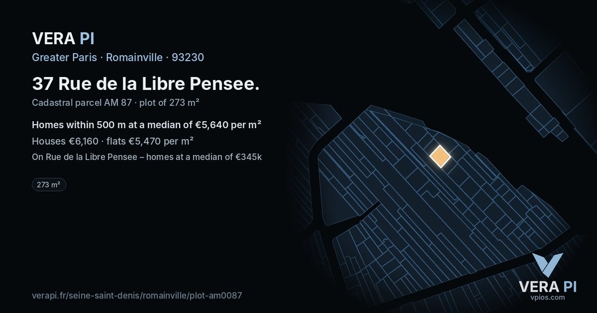 37 Rue de la Libre Pensee, Romainville at night – the plot lit, the parcels around coloured by the prices near them