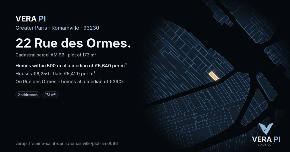 22 Rue des Ormes, Romainville at night – the plot lit, the parcels around coloured by the prices near them