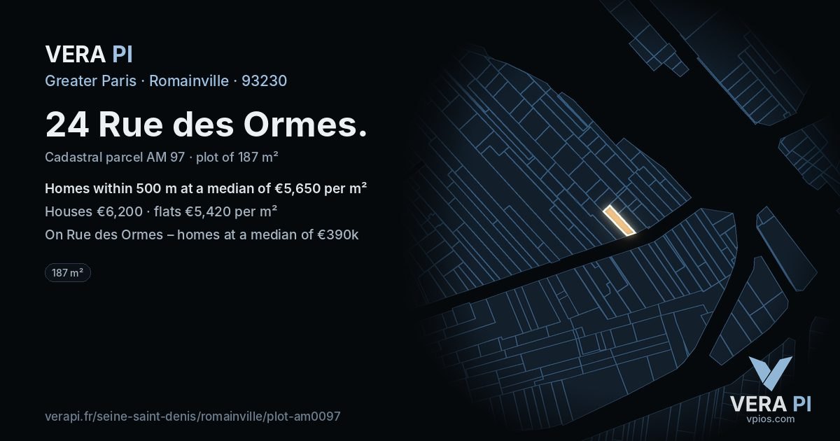 24 Rue des Ormes, Romainville at night – the plot lit, the parcels around coloured by the prices near them