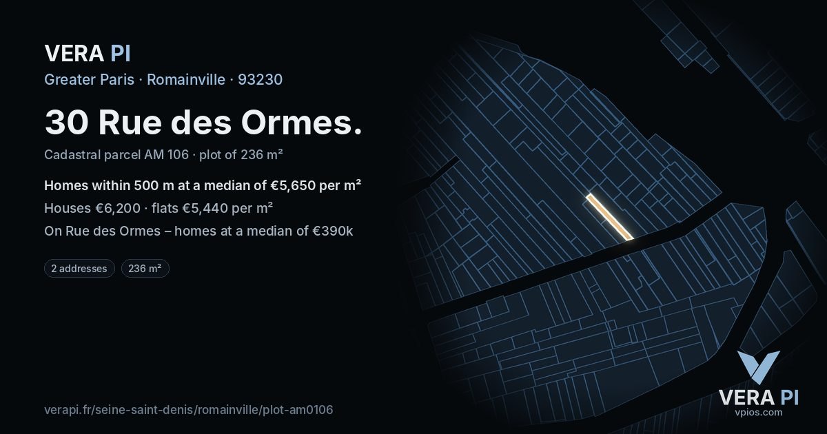 30 Rue des Ormes, Romainville at night – the plot lit, the parcels around coloured by the prices near them