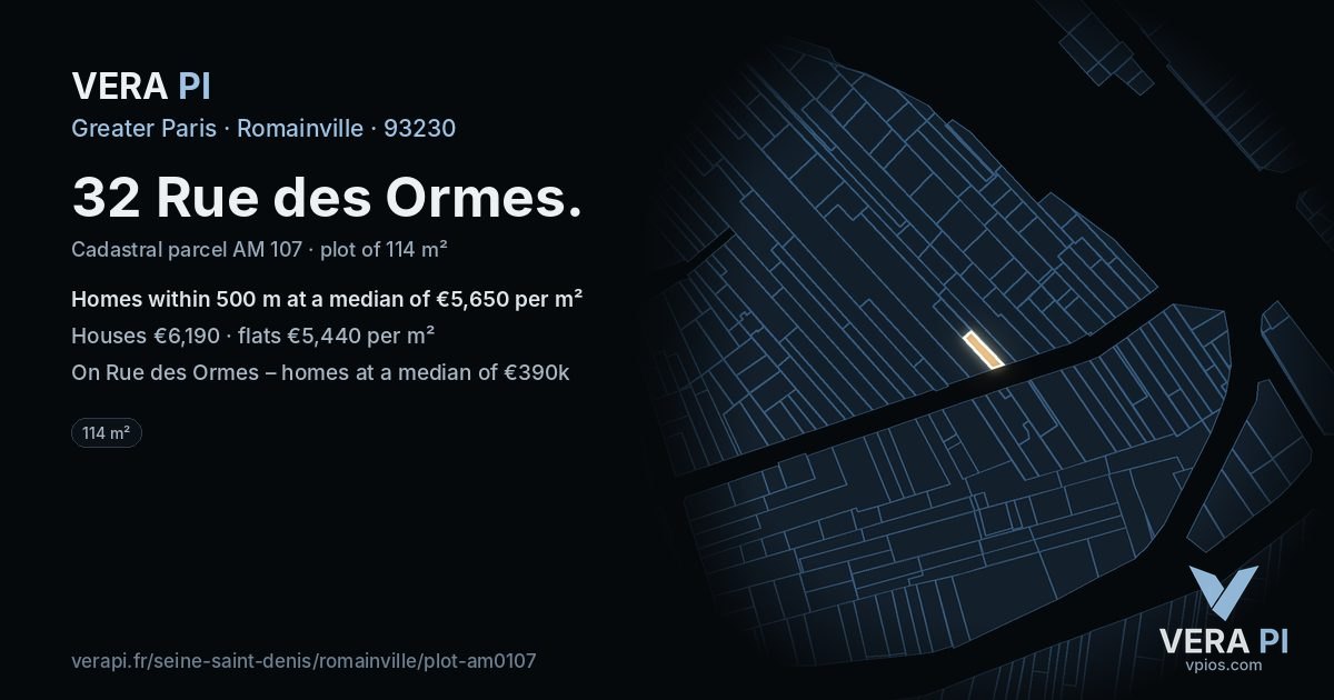 32 Rue des Ormes, Romainville at night – the plot lit, the parcels around coloured by the prices near them