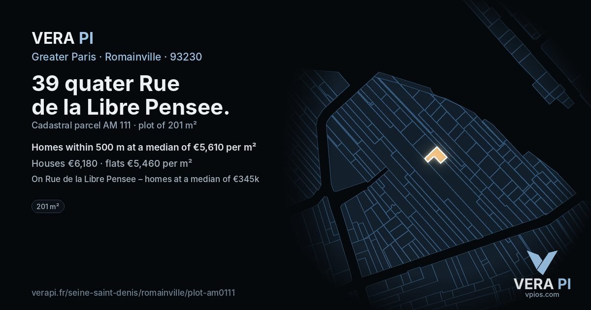 39 quater Rue de la Libre Pensee, Romainville at night – the plot lit, the parcels around coloured by the prices near them