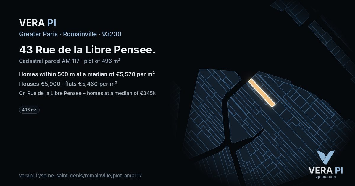 43 Rue de la Libre Pensee, Romainville at night – the plot lit, the parcels around coloured by the prices near them