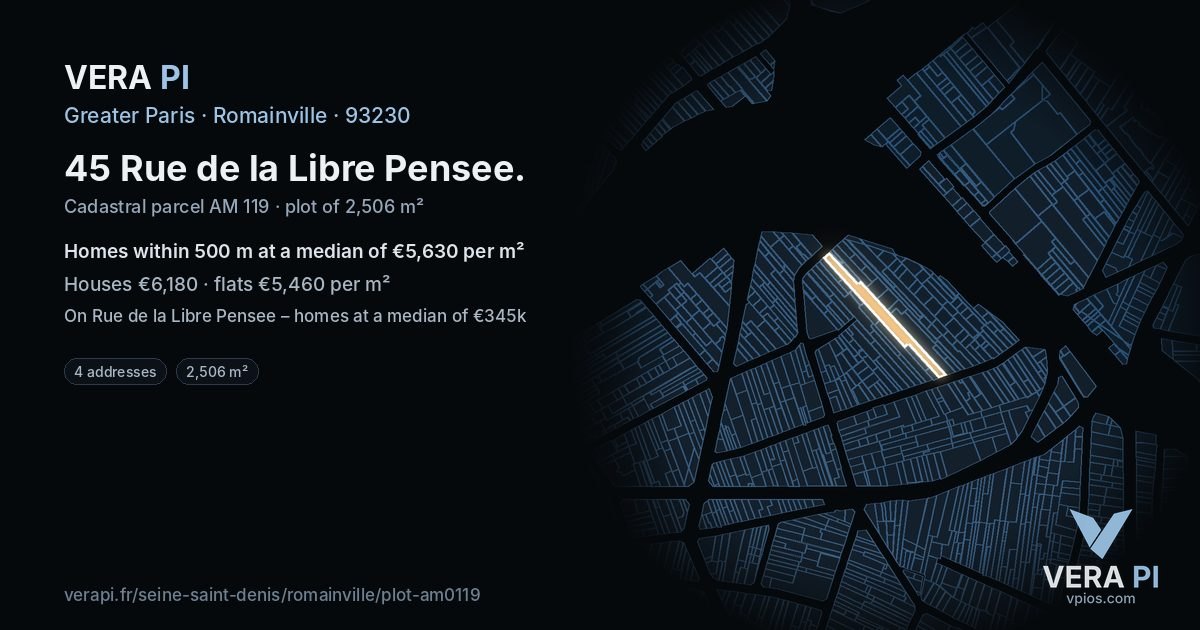 45 Rue de la Libre Pensee, Romainville at night – the plot lit, the parcels around coloured by the prices near them