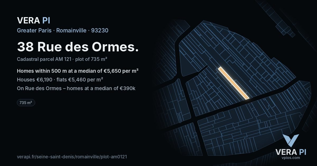 38 Rue des Ormes, Romainville at night – the plot lit, the parcels around coloured by the prices near them