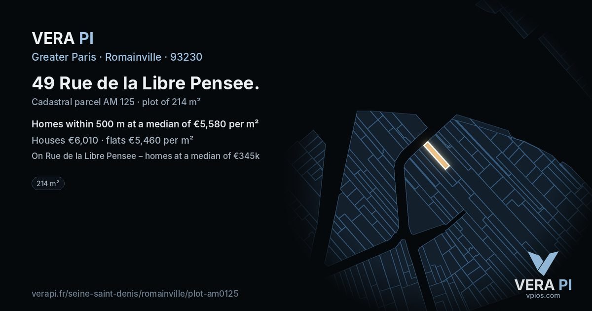 49 Rue de la Libre Pensee, Romainville at night – the plot lit, the parcels around coloured by the prices near them