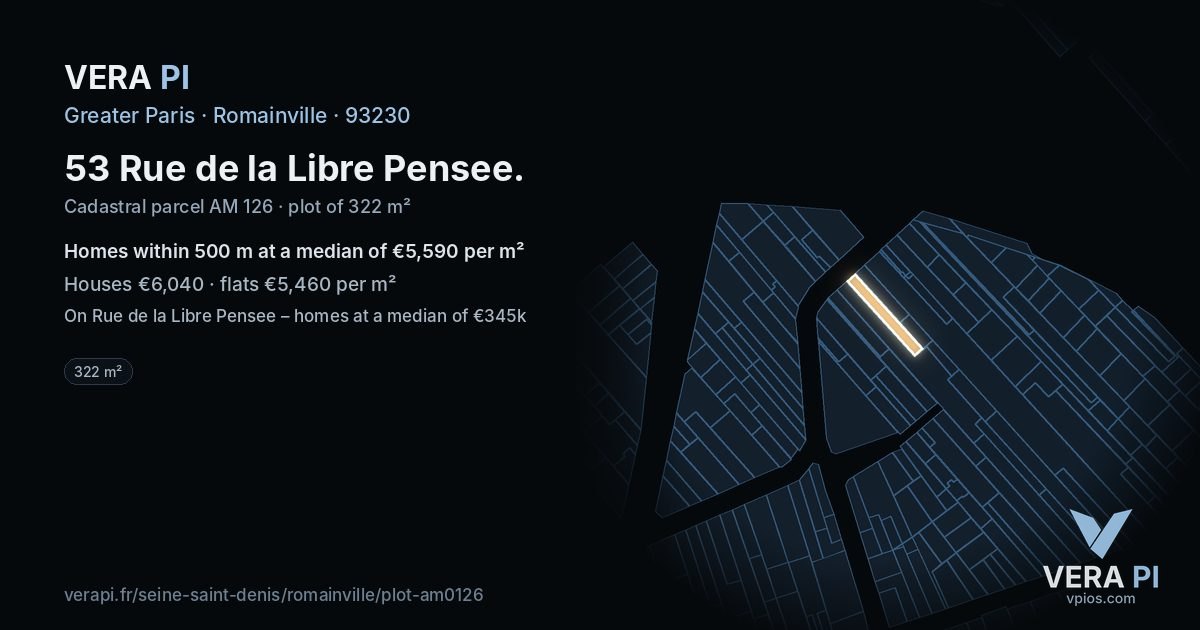53 Rue de la Libre Pensee, Romainville at night – the plot lit, the parcels around coloured by the prices near them