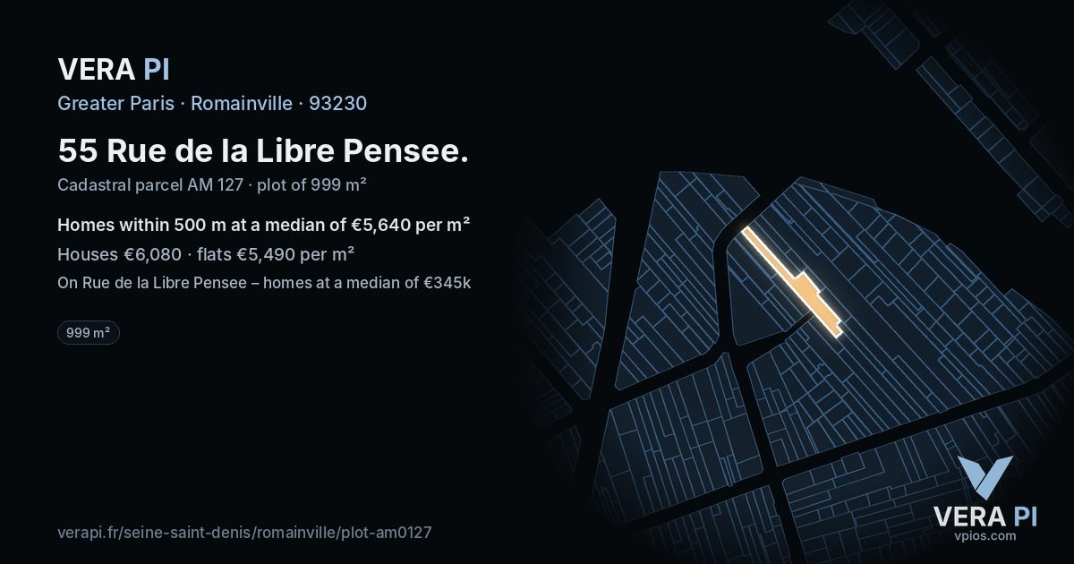 55 Rue de la Libre Pensee, Romainville at night – the plot lit, the parcels around coloured by the prices near them