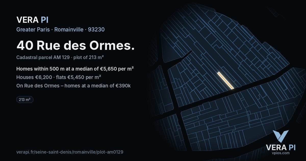 40 Rue des Ormes, Romainville at night – the plot lit, the parcels around coloured by the prices near them