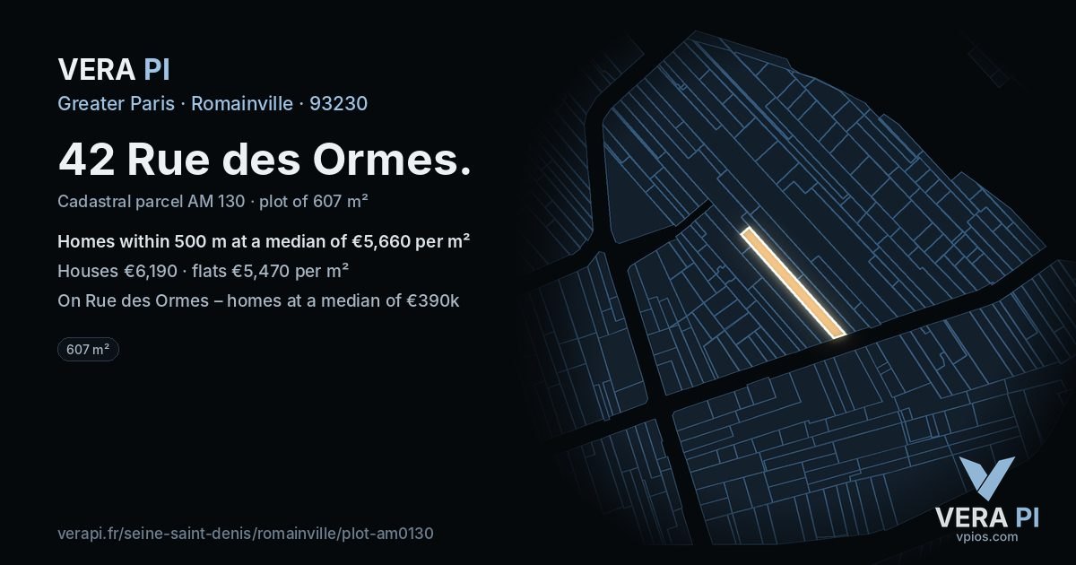 42 Rue des Ormes, Romainville at night – the plot lit, the parcels around coloured by the prices near them