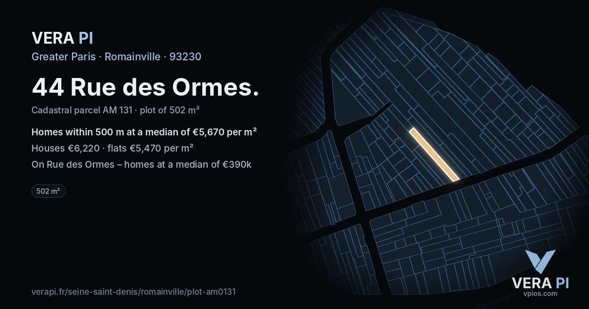 44 Rue des Ormes, Romainville at night – the plot lit, the parcels around coloured by the prices near them