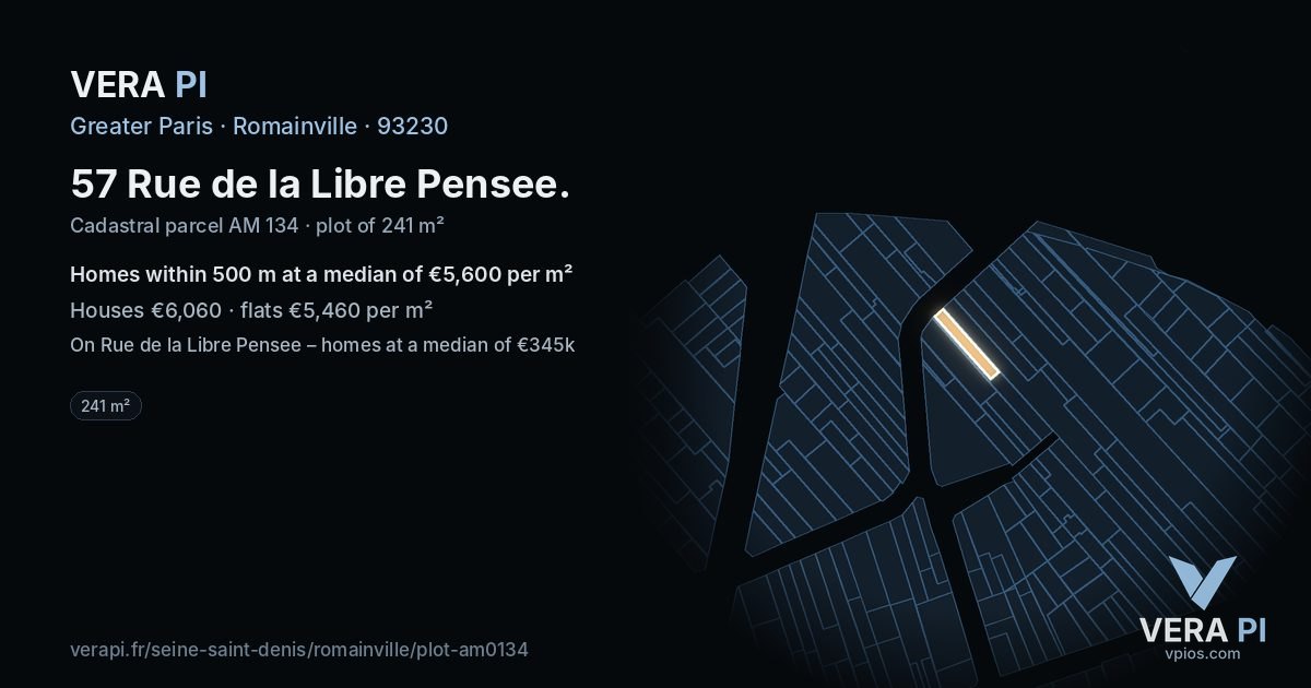 57 Rue de la Libre Pensee, Romainville at night – the plot lit, the parcels around coloured by the prices near them