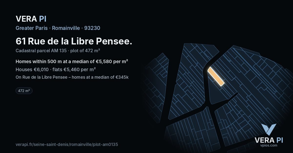 61 Rue de la Libre Pensee, Romainville at night – the plot lit, the parcels around coloured by the prices near them