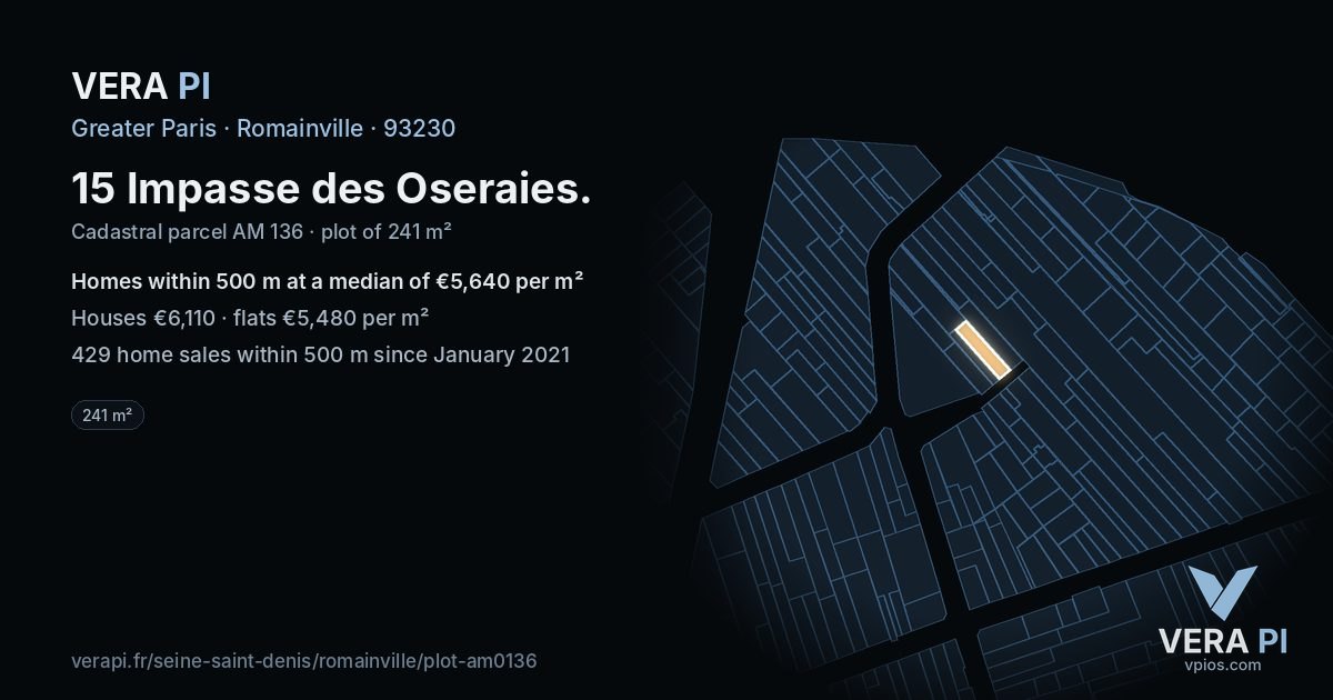 15 Impasse des Oseraies, Romainville at night – the plot lit, the parcels around coloured by the prices near them