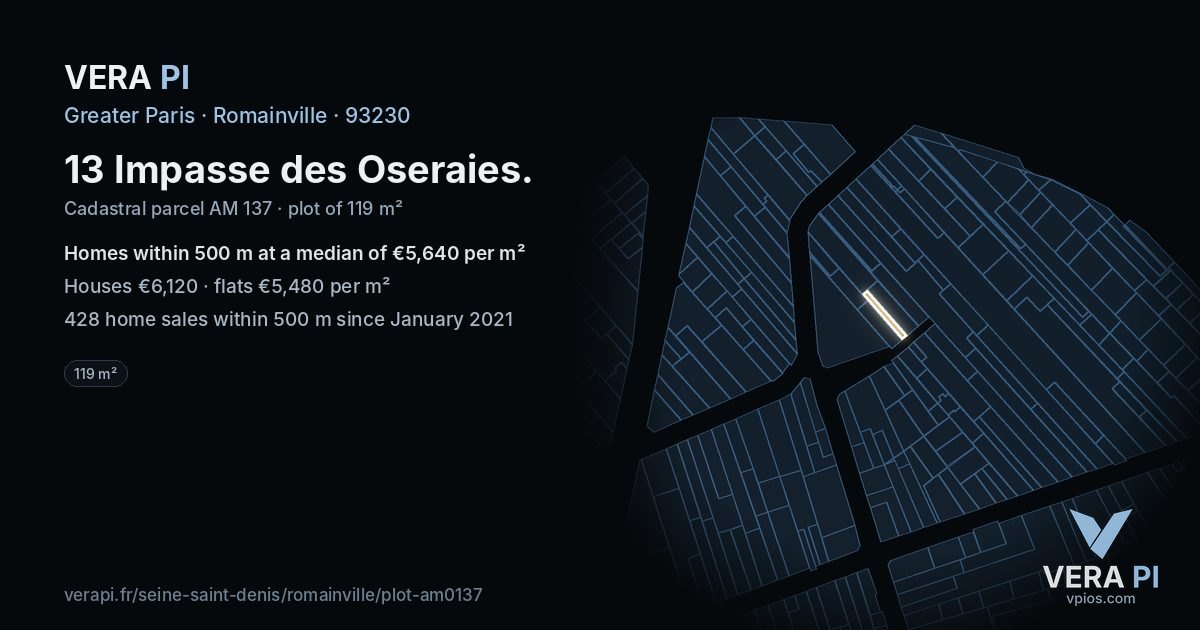 13 Impasse des Oseraies, Romainville at night – the plot lit, the parcels around coloured by the prices near them