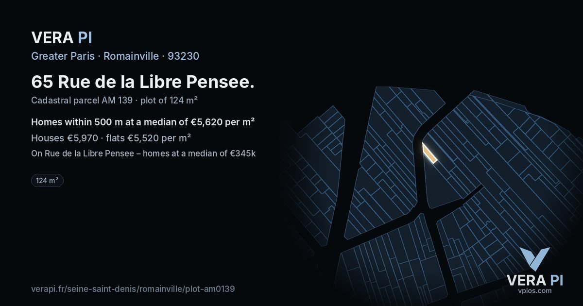 65 Rue de la Libre Pensee, Romainville at night – the plot lit, the parcels around coloured by the prices near them