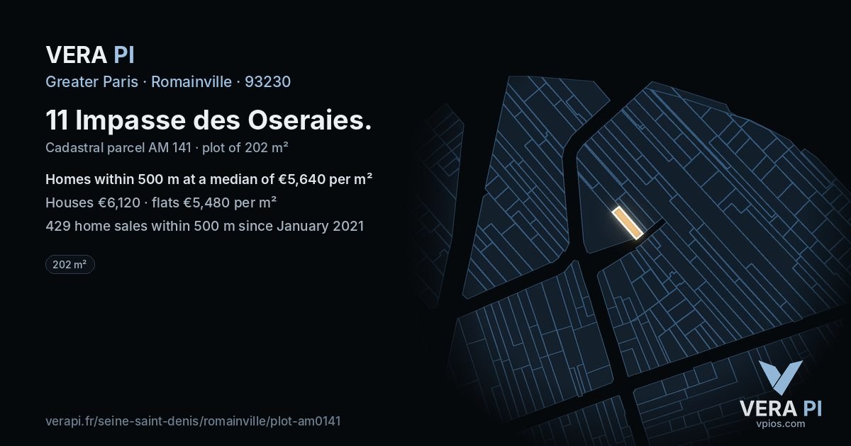11 Impasse des Oseraies, Romainville at night – the plot lit, the parcels around coloured by the prices near them
