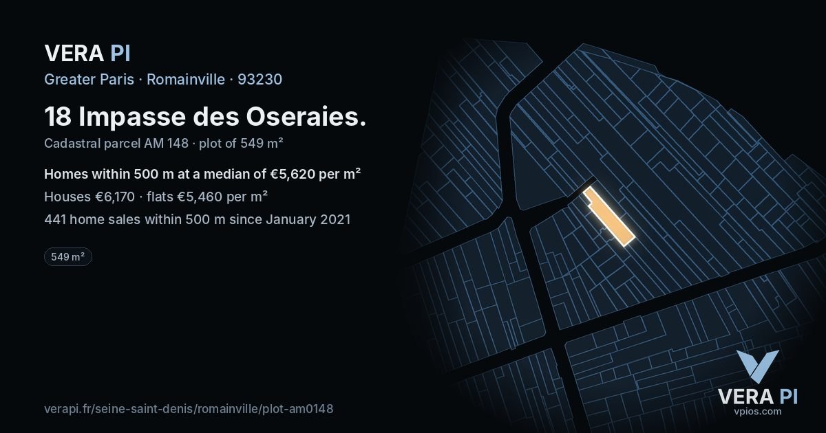 18 Impasse des Oseraies, Romainville at night – the plot lit, the parcels around coloured by the prices near them