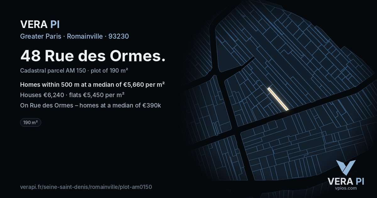 48 Rue des Ormes, Romainville at night – the plot lit, the parcels around coloured by the prices near them