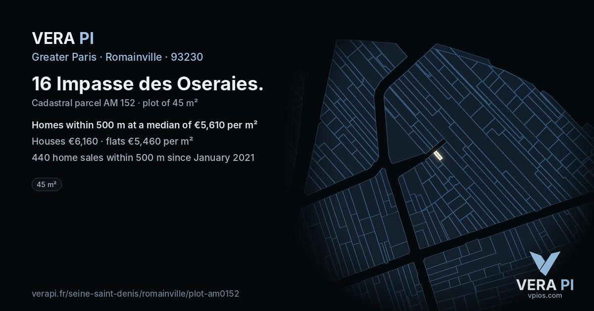 16 Impasse des Oseraies, Romainville at night – the plot lit, the parcels around coloured by the prices near them