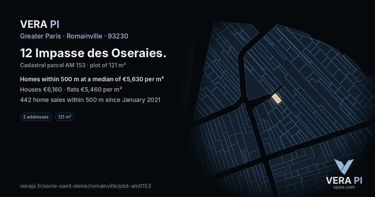 12 Impasse des Oseraies, Romainville at night – the plot lit, the parcels around coloured by the prices near them