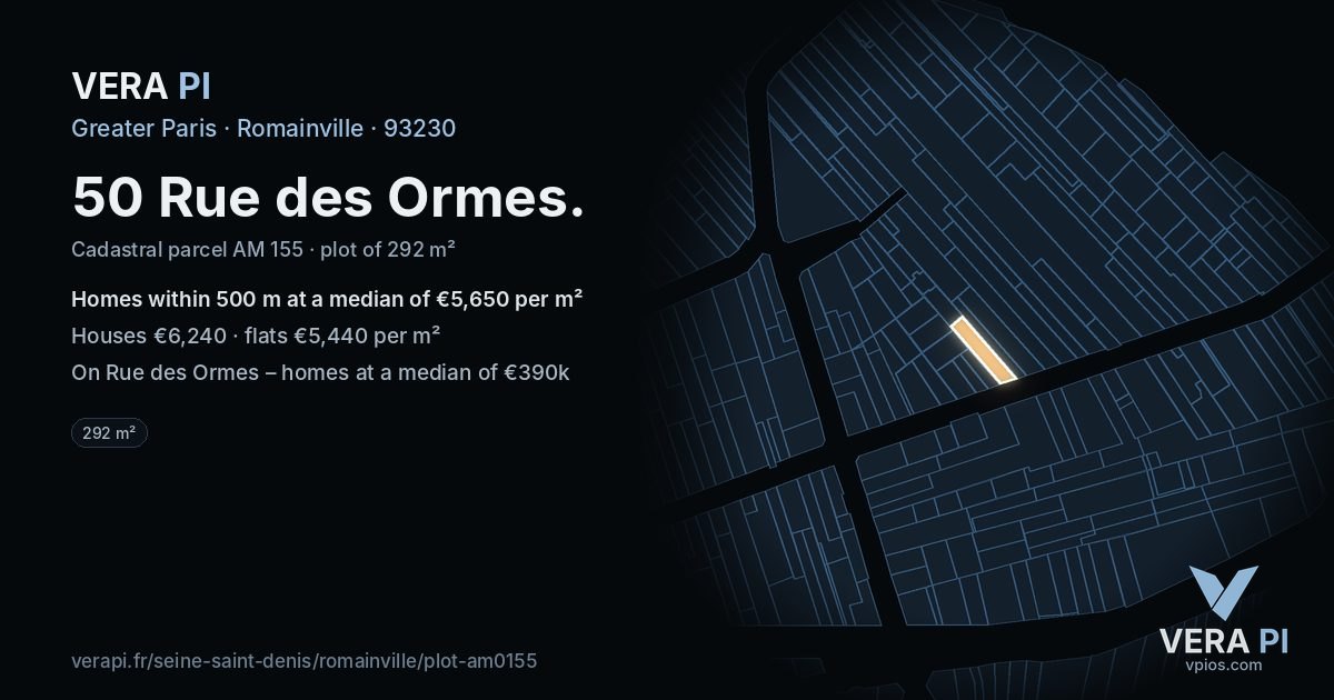 50 Rue des Ormes, Romainville at night – the plot lit, the parcels around coloured by the prices near them