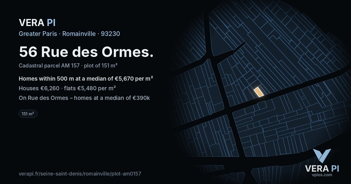 56 Rue des Ormes, Romainville at night – the plot lit, the parcels around coloured by the prices near them
