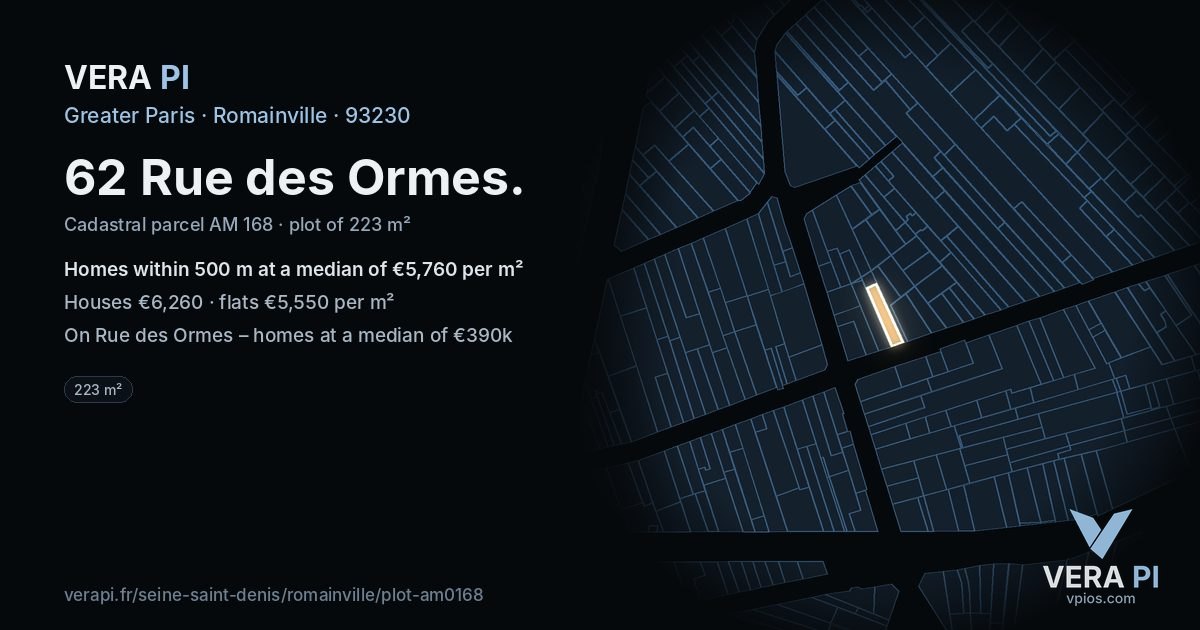 62 Rue des Ormes, Romainville at night – the plot lit, the parcels around coloured by the prices near them