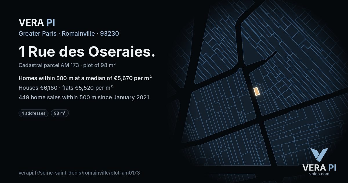 1 Rue des Oseraies, Romainville at night – the plot lit, the parcels around coloured by the prices near them