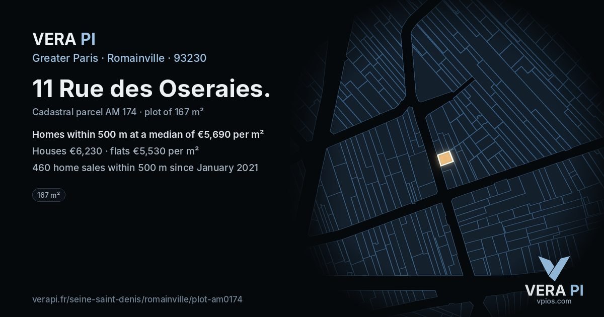 11 Rue des Oseraies, Romainville at night – the plot lit, the parcels around coloured by the prices near them