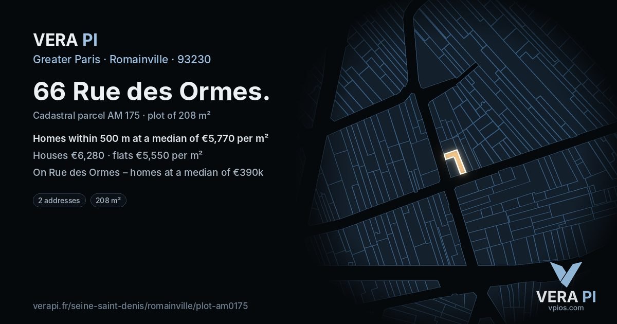 66 Rue des Ormes, Romainville at night – the plot lit, the parcels around coloured by the prices near them