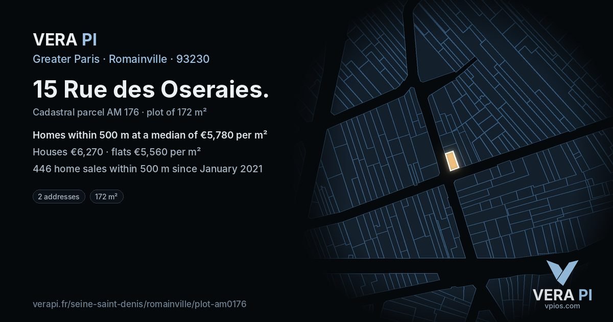 15 Rue des Oseraies, Romainville at night – the plot lit, the parcels around coloured by the prices near them