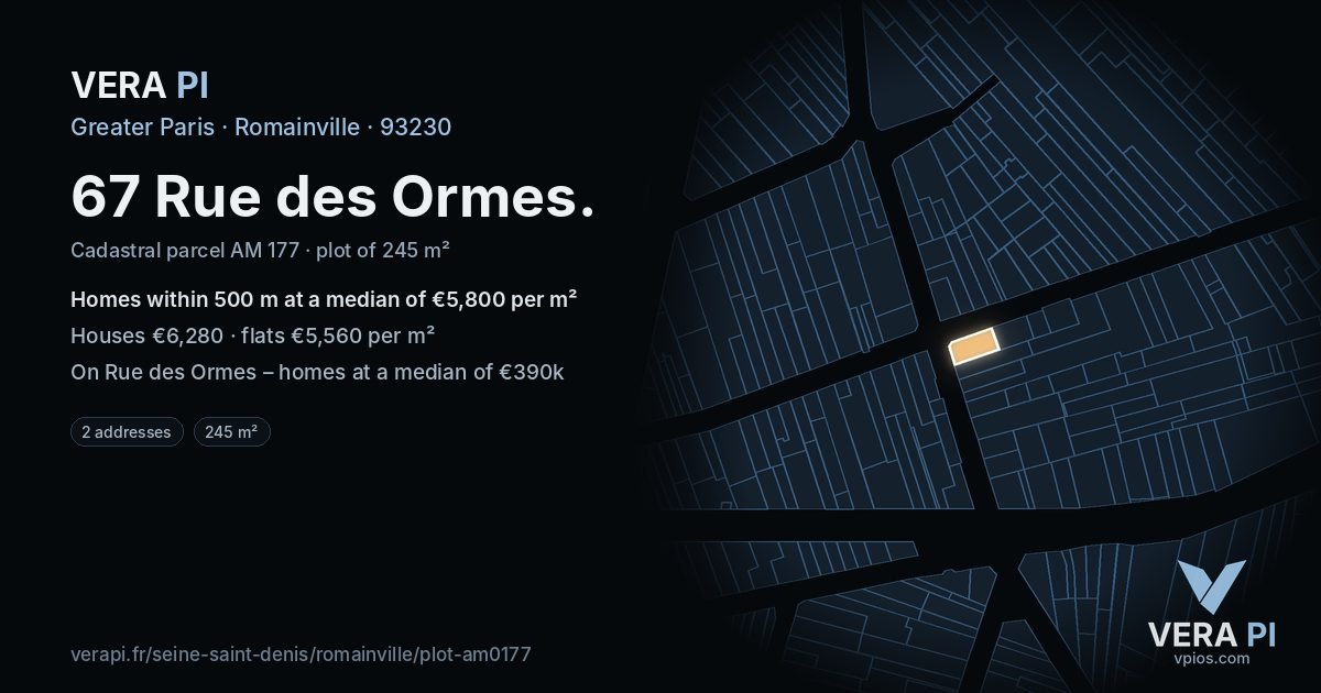 67 Rue des Ormes, Romainville at night – the plot lit, the parcels around coloured by the prices near them
