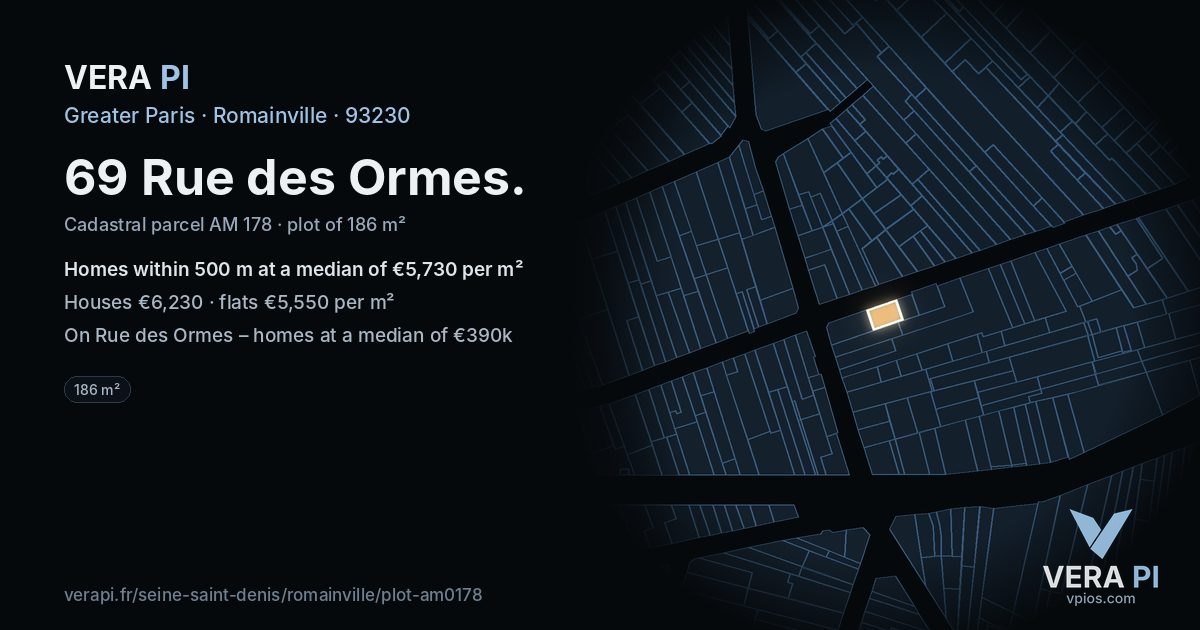 69 Rue des Ormes, Romainville at night – the plot lit, the parcels around coloured by the prices near them
