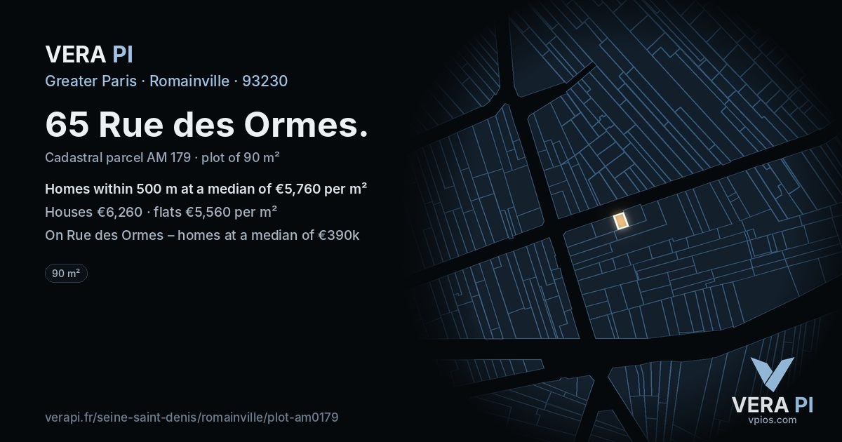 65 Rue des Ormes, Romainville at night – the plot lit, the parcels around coloured by the prices near them