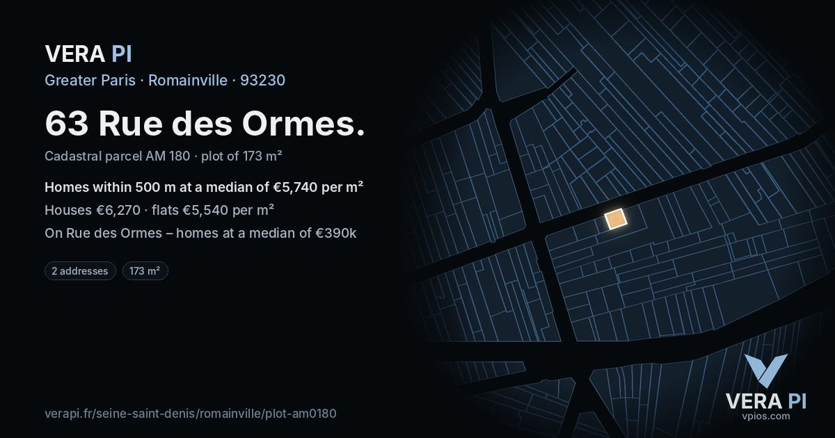 63 Rue des Ormes, Romainville at night – the plot lit, the parcels around coloured by the prices near them