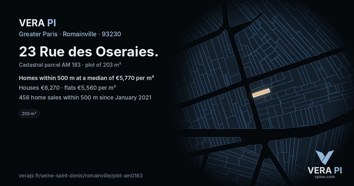 23 Rue des Oseraies, Romainville at night – the plot lit, the parcels around coloured by the prices near them