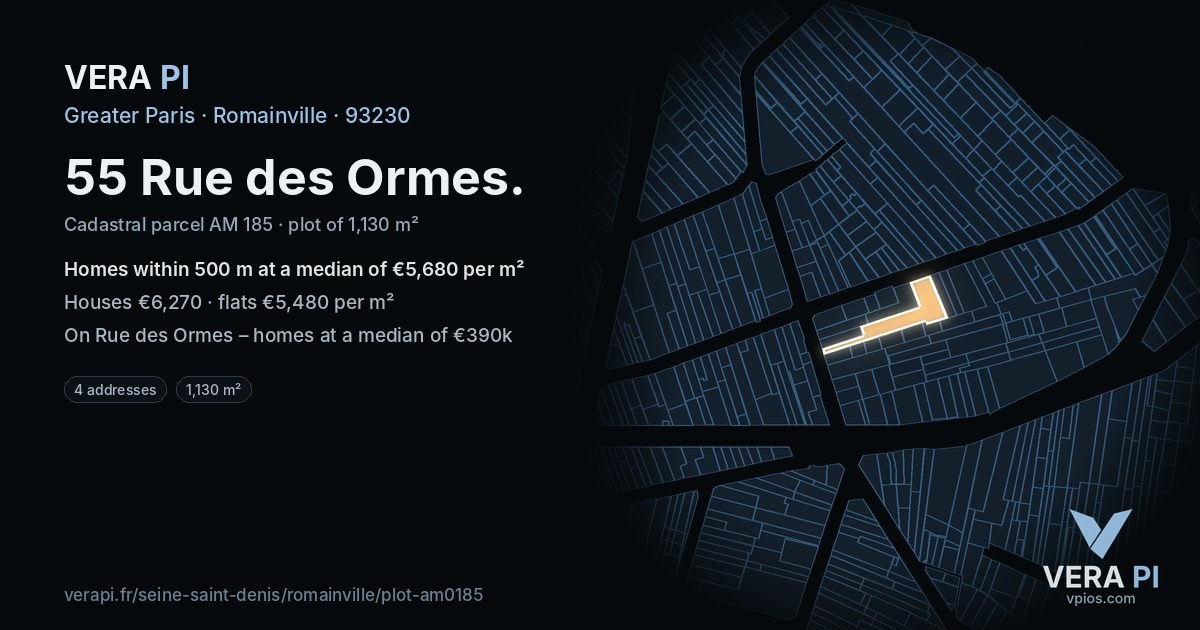 55 Rue des Ormes, Romainville at night – the plot lit, the parcels around coloured by the prices near them