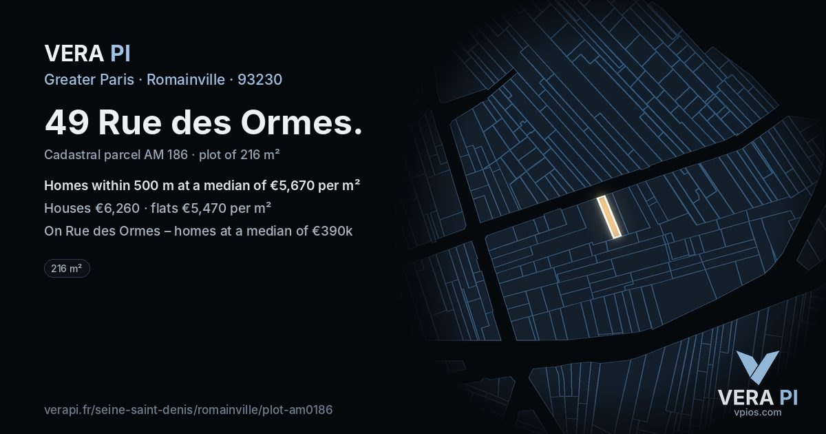 49 Rue des Ormes, Romainville at night – the plot lit, the parcels around coloured by the prices near them