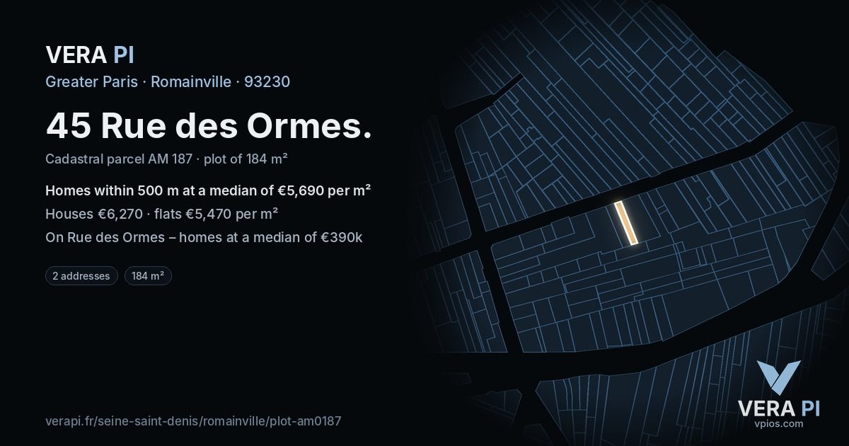 45 Rue des Ormes, Romainville at night – the plot lit, the parcels around coloured by the prices near them