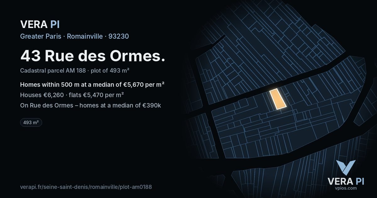 43 Rue des Ormes, Romainville at night – the plot lit, the parcels around coloured by the prices near them