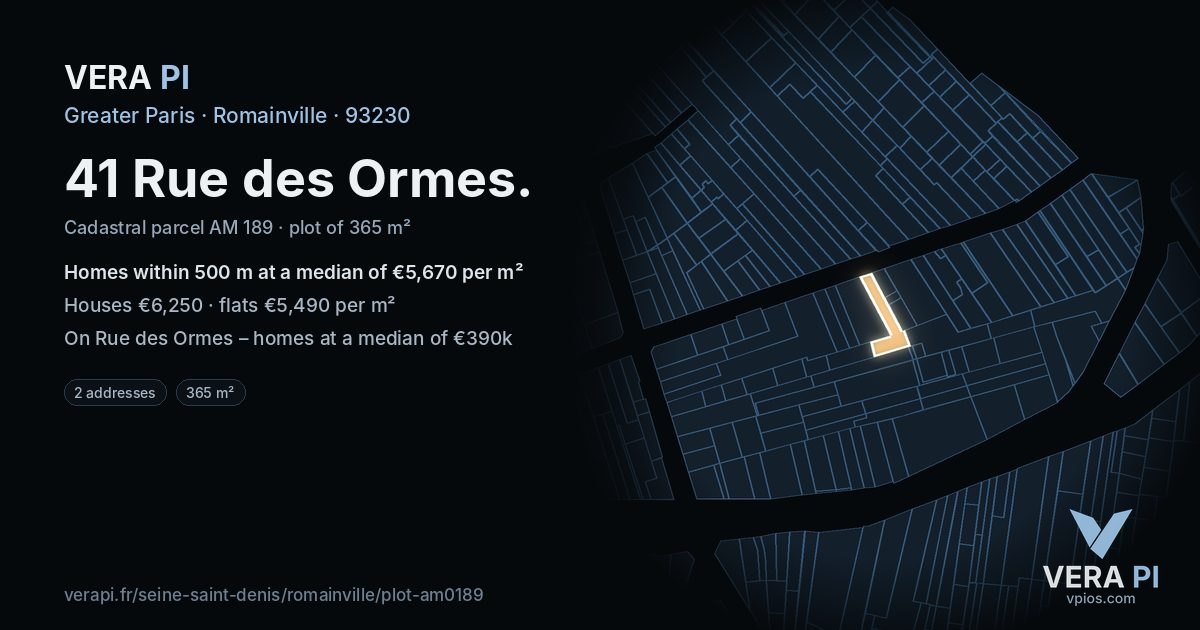 41 Rue des Ormes, Romainville at night – the plot lit, the parcels around coloured by the prices near them