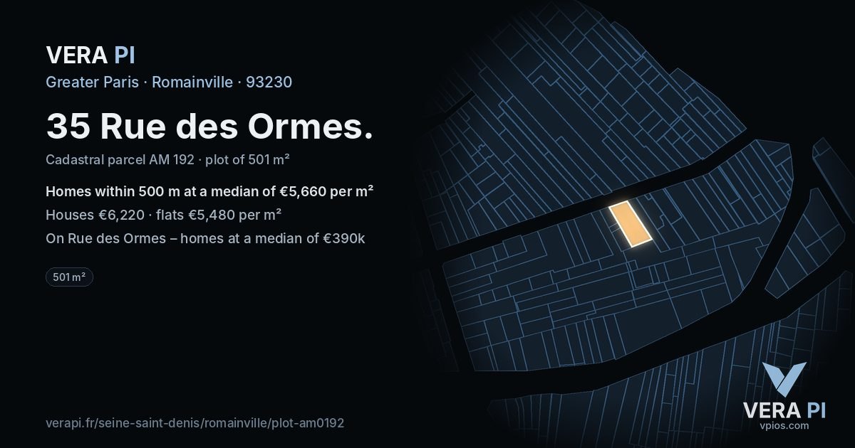 35 Rue des Ormes, Romainville at night – the plot lit, the parcels around coloured by the prices near them