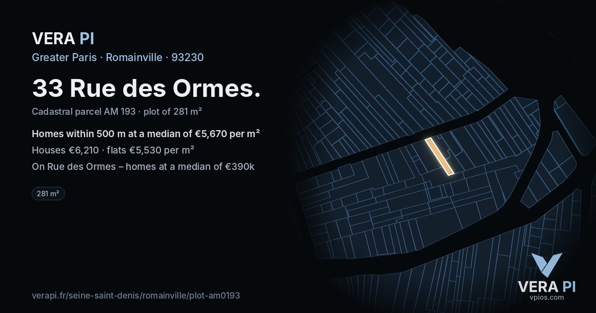 33 Rue des Ormes, Romainville at night – the plot lit, the parcels around coloured by the prices near them
