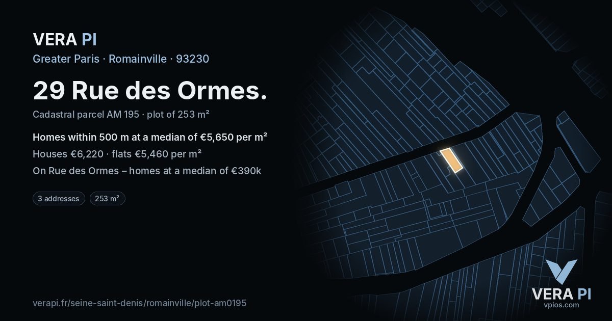 29 Rue des Ormes, Romainville at night – the plot lit, the parcels around coloured by the prices near them