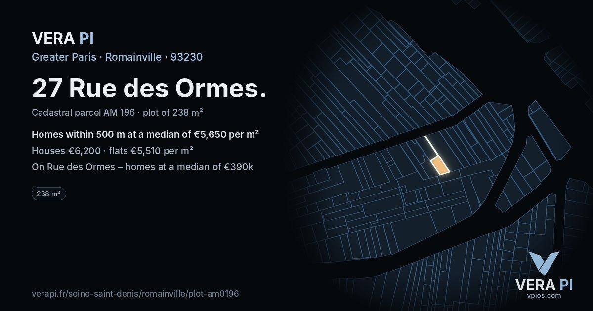 27 Rue des Ormes, Romainville at night – the plot lit, the parcels around coloured by the prices near them