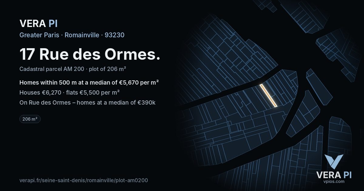 17 Rue des Ormes, Romainville at night – the plot lit, the parcels around coloured by the prices near them